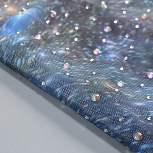 Vue détaillée du tissu imprimé ciel étoilé bleu foncé avec strass et texture en mesh