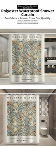 Detail of waterproof polyester shower curtain featuring William Morris Golden Lily floral print