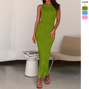 Women Sexy Sleeveless Backless Midi Dress Water Ripple Pleated Texture Slim Fit Elegant Halter Neck Fashion Bodycon