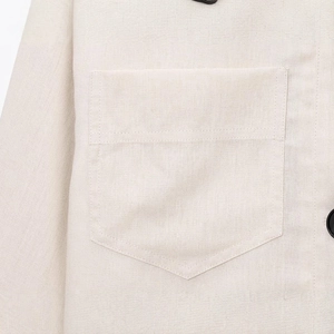 Cropped oatmeal linen jacket with lapel collar and detailed pocket stitching for women