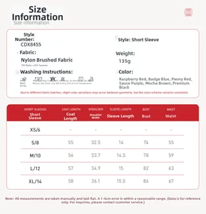 Detailed size chart for women's brushed yoga top including fabric specs and measurements