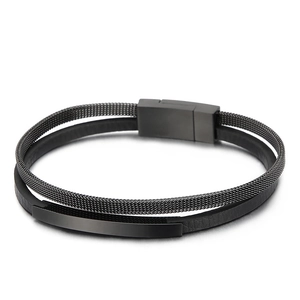 Men's double-layer black leather bracelet with braided steel mesh and magnetic clasp
