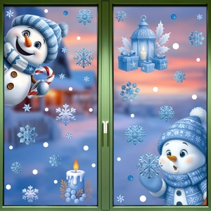 Blue Christmas window static stickers featuring 3D snowmen snowflakes and elk designs