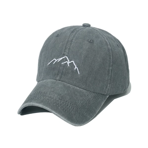 Unisex dark grey washed cotton baseball cap featuring minimalist white mountain embroidery