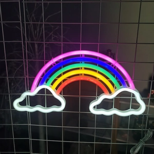 Rainbow LED neon sign with white cloud base on a wire grid wall for bedroom decoration