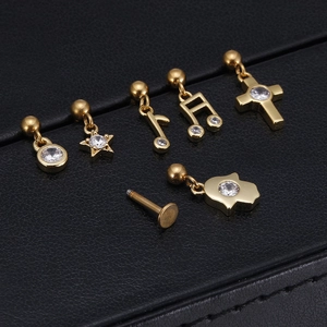 6-piece gold 316L stainless steel flat back labret set with assorted shape charms