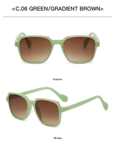 Detail view of large square green frames with gradient brown lenses from multiple angles