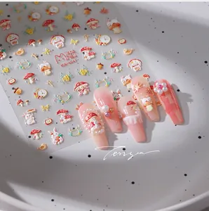Detailed 3D embossed nail stickers featuring forest mushrooms and rabbit motifs MN-404F