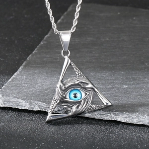 Nordic Viking stainless steel triangle evil eye pendant with blue star on black stone