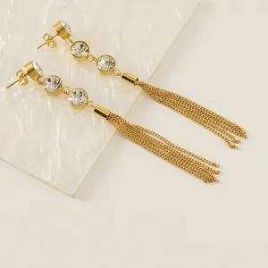 Orecchini Lunghi Con Nappa Da Donna Acciaio Al Titanio Placcato Oro 18K Zircone Rotondo Intarsiato Gioielli Geometrici