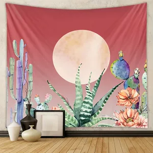 Wall Tapestry Moon Phase Floral Cactus Mystic Bohemian Polyester Hanging Decor For Bedroom Living Room Aesthetic Art