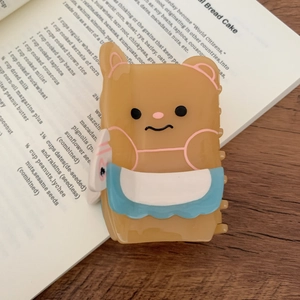 Cute brown bear acetate hair claw with pink details and blue wave accent for women