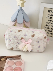 Quilted Cotton Cosmetic Bag Heart Shape Stitching Bear Floral Print With Bow Lace Portable Travel Organizer Pouch For Women Girls Aesthetic