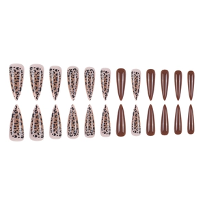 Maillard leopard print and coffee brown long almond press-on nails set with 24 pieces