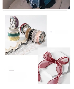 Detail of pearl edge fishtail ribbon with soft wave texture and colorful satin spools