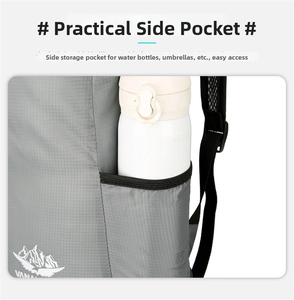 Detail view of foldable cycling backpack side pocket with a water bottle and ripstop fabric