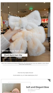 Detail showing plush oversized bow hair clips in white, beige, and pink colors