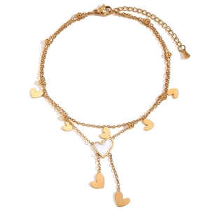 Double-layered 18K gold plated stainless steel heart anklet with white shell tassels
