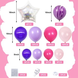 Balloon garland kit specs showing various sizes in purple, pink, and silver laser stars
