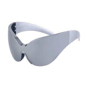 Futuristic silver oversized shield sunglasses with metallic finish for sports and fashion