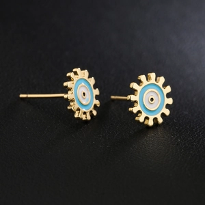 18K gold plated sun-shaped stud earrings with colorful enamel eye pattern on black leather
