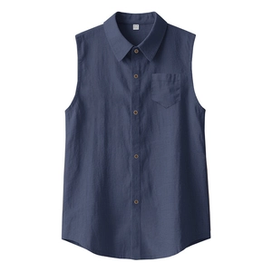 Detailed flat lay of navy blue sleeveless linen shirt showing collar and size M label