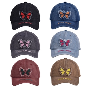 Vintage washed denim baseball caps with butterfly embroidery in six assorted colors