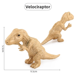 Detailed view of two golden Velociraptor dinosaur toys with scale measurements