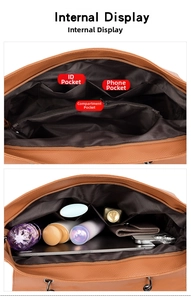 Internal view of brown leather tote bag showing multi-compartment lining and large capacity