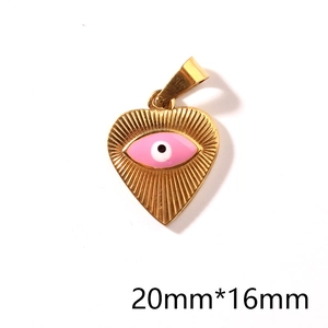 Detail of a 20mm heart pendant with sunburst texture and pink evil eye enamel