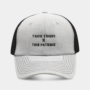 Two-tone trucker hat with mesh back and Thick Thighs x Thin Patience embroidery