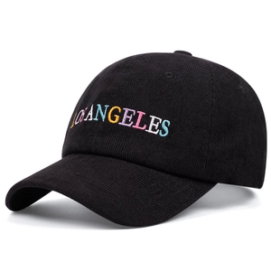 Black corduroy baseball cap with colorful Los Angeles embroidery shown in a 45-degree angle