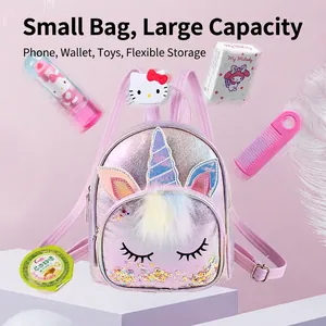 Cute unicorn sequin kids backpack with iridescent glitter and plush pom-poms