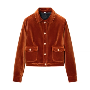 Women Velvet Jacket Short Coat Turn Down Collar Solid Color Metal Buttons Flap Pockets Elegant Long Sleeve Outwear