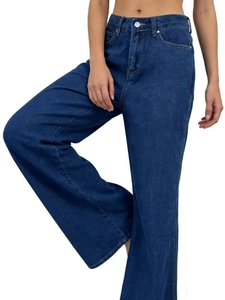 Damen Vintage gewaschene dunkelblaue High-Waist-Jeans mit weitem Bein und geradem Schnitt