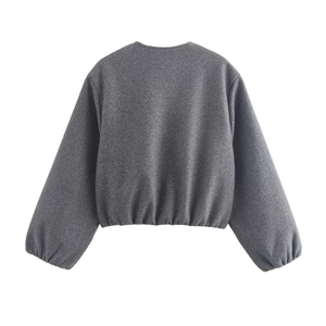 Vue arrière du blouson aviateur court gris foncé avec texture laine et ourlet élastique