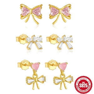 Bowknot Heart Stud Earrings With 925 Sterling Silver Earring Post Colorful Zirconia Dainty Fashion Jewelry For Women