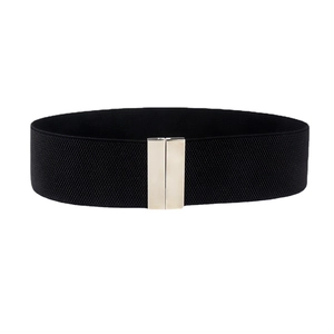 Wide black elastic waist belt for women featuring a sleek silver rectangular metal buckle