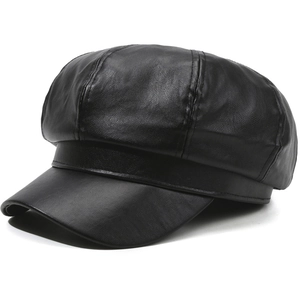 Classic black leather newsboy cap for women with elegant texture and vintage round top