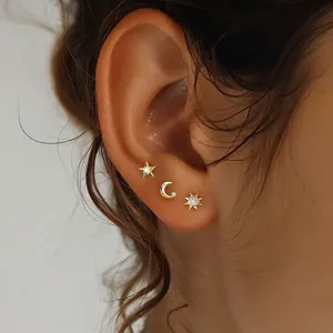 Three-piece 925 sterling silver star and moon stud earring set with sparkling zircon