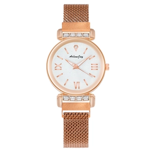 Fashion Women Starry Sky Quartz Watch With Milanese Magnetic Metal Mesh Strap Rhinestone Roman Numerals Ladies Mesh Band Wristwatch