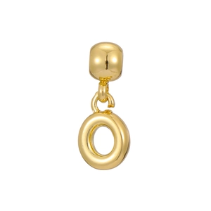 Detail view of a 18k gold plated balloon letter pendant with smooth polished finish