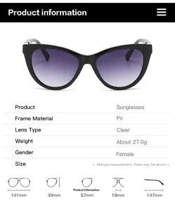 Detailed dimension chart for vintage cat eye sunglasses showing PC frame specifications