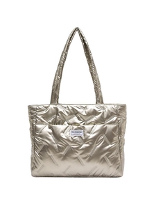 Quilted metallic tote bag in champagne gold with double straps and fashion logo patch