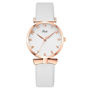 Women's quartz watch with white textured leather strap and rose gold bow decoration
