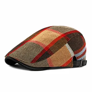 Classic plaid tweed ivy cap for men and women with leather trimmed brim and metal buckle