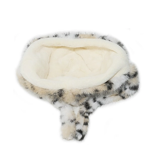 Detail of leopard print faux fur hat featuring thick white fleece lining for winter warmth