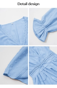 Détail du tissu à pois suisses avec col en V en dentelle et cordon de taille à glands