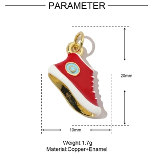 Detail view of red shoe enamel pendant with dimensions 20x10mm and weight 1.7g