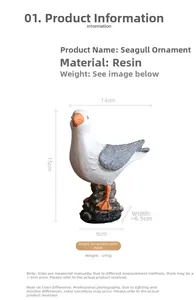 Detailed resin seagull sculpture on rock base with dimension marks of 14cm by 15cm